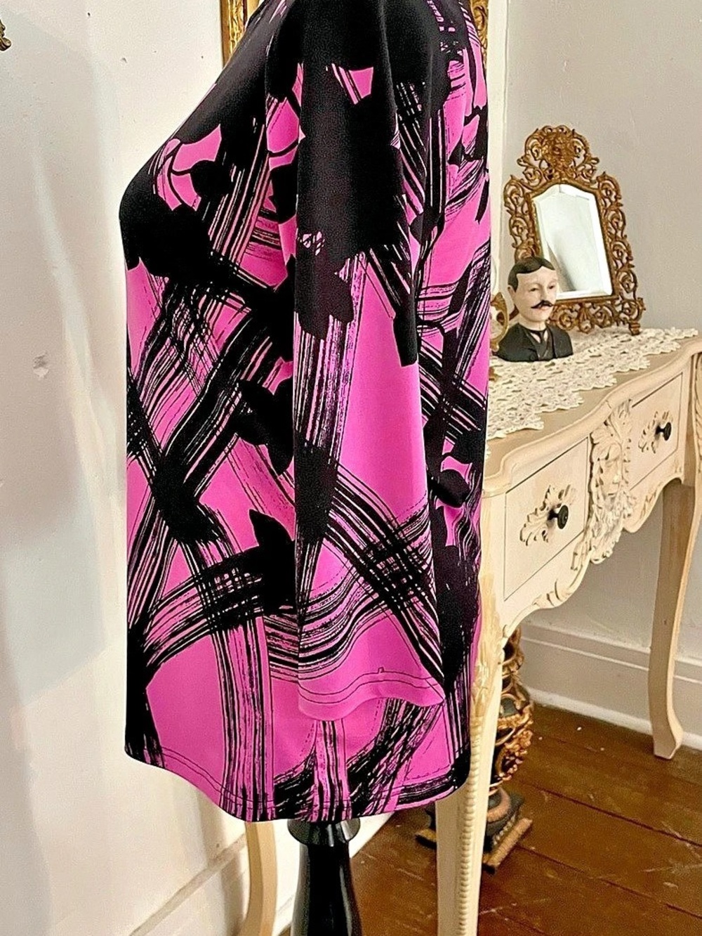 Bob Mackie Wearable Art Pink Black Abstract Floral Brushstroke Top XXS - Picture 6 of 9